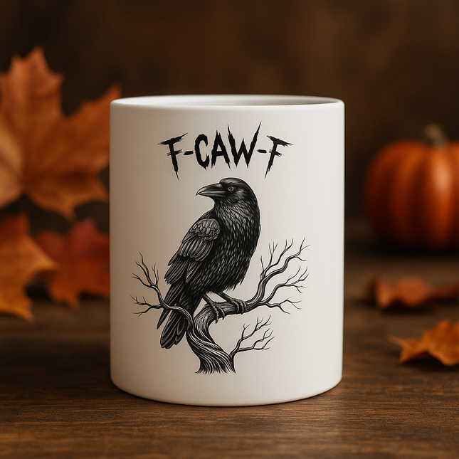 „F-CAW-F“ Krähen-Tasse – Schwarzer Humor trifft Herbst-Vibes