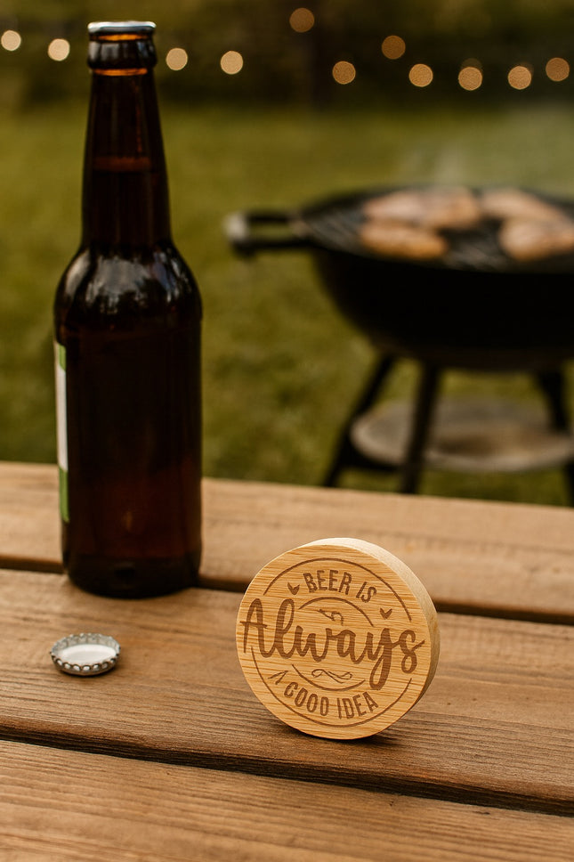 Runder Flaschenöffner aus Bambus – „Beer is Always a Good Idea“