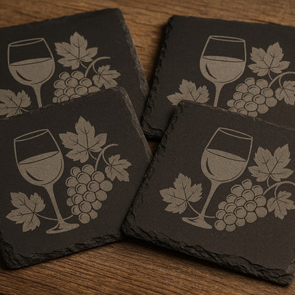 🍷 Schiefer-Untersetzer mit Weinglas &amp; Traubenmotiv