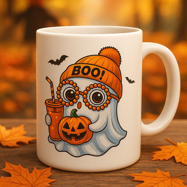 🎃 Halloween-Tasse "Boo!" – Süßer Geist mit Kürbis & Herbstdrink