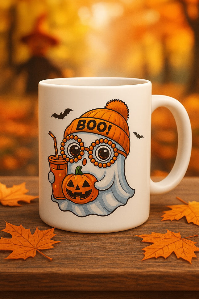 🎃 Halloween-Tasse "Boo!" – Süßer Geist mit Kürbis & Herbstdrink