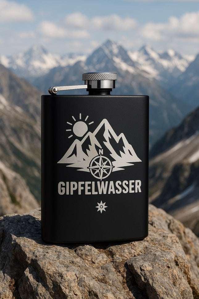 🏔️ Gipfelwasser – Edelstahl-Flachmann für Abenteurer