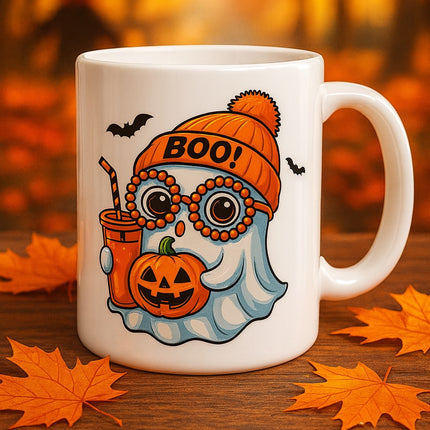 🎃 Halloween-Tasse "Boo!" – Süßer Geist mit Kürbis & Herbstdrink