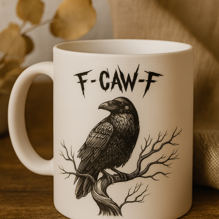 „F-CAW-F“ Krähen-Tasse – Schwarzer Humor trifft Herbst-Vibes