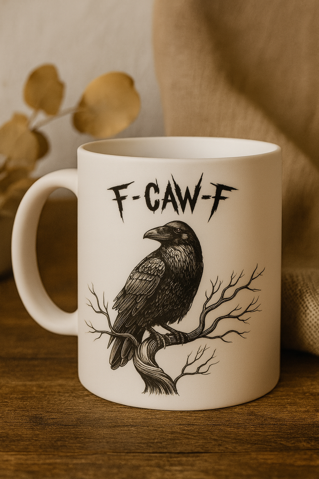 „F-CAW-F“ Krähen-Tasse – Schwarzer Humor trifft Herbst-Vibes