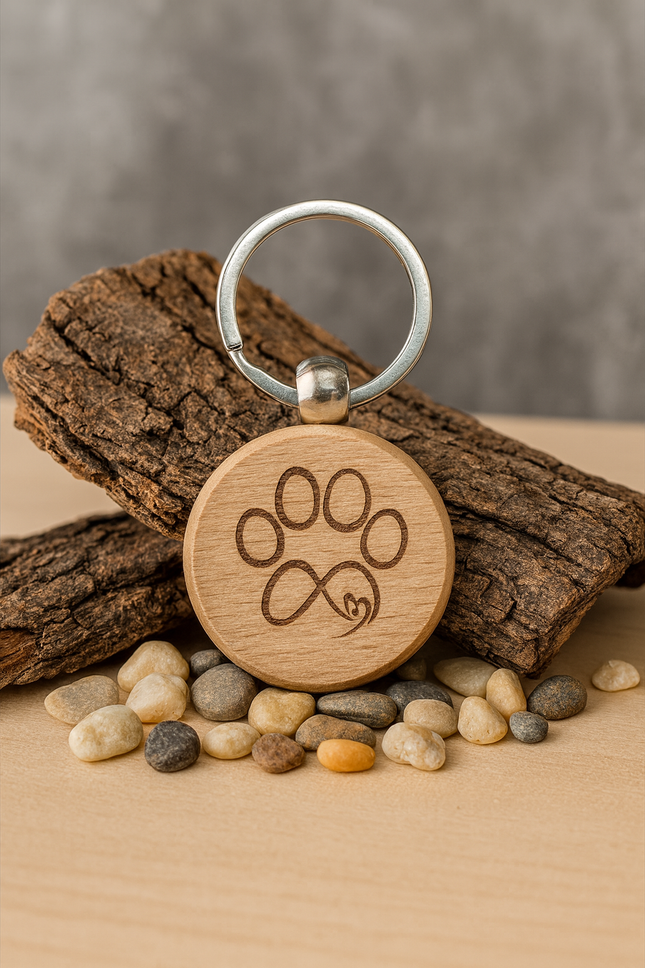 Personalisierter Schlüsselanhänger Holz | Pfote & Unendlichkeit | Geschenk für Hundebesitzer