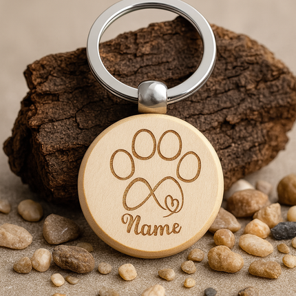 Personalisierter Schlüsselanhänger Holz | Pfote & Unendlichkeit | Geschenk für Hundebesitzer