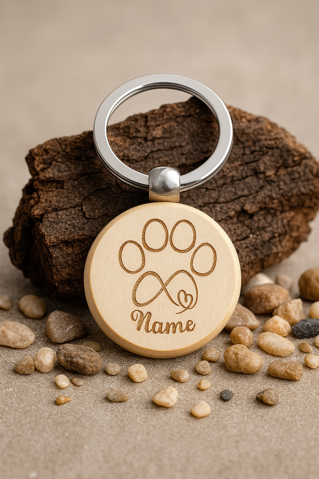 Personalisierter Schlüsselanhänger Holz | Pfote & Unendlichkeit | Geschenk für Hundebesitzer