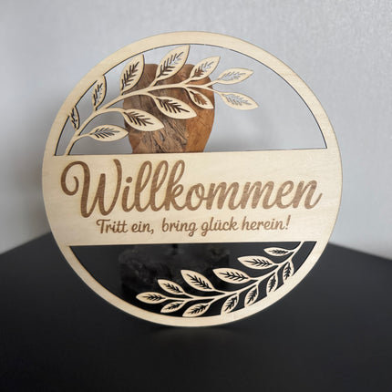 🌿 Holzschild „Willkommen – Tritt ein, bring Glück herein!“