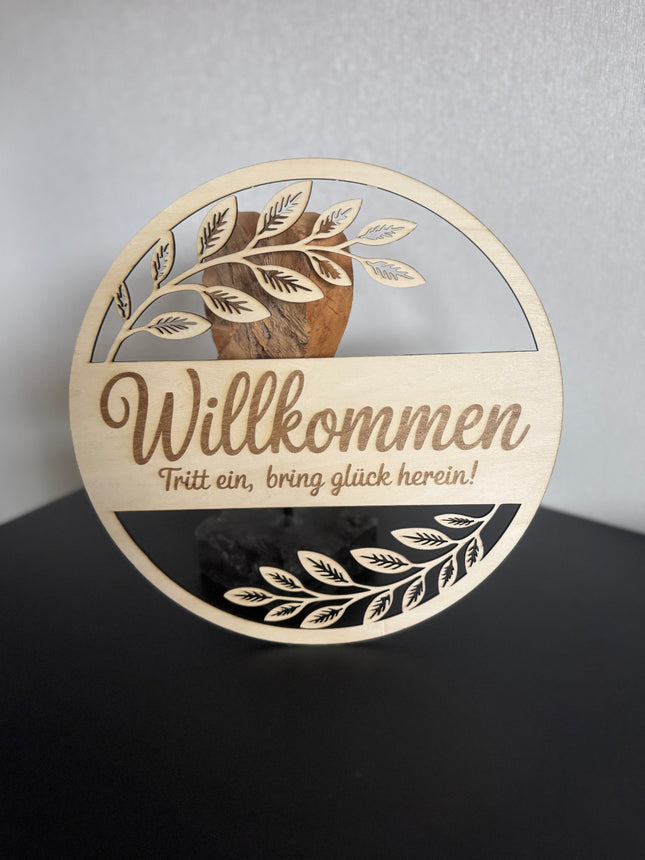 🌿 Holzschild „Willkommen – Tritt ein, bring Glück herein!“