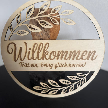 🌿 Holzschild „Willkommen – Tritt ein, bring Glück herein!“
