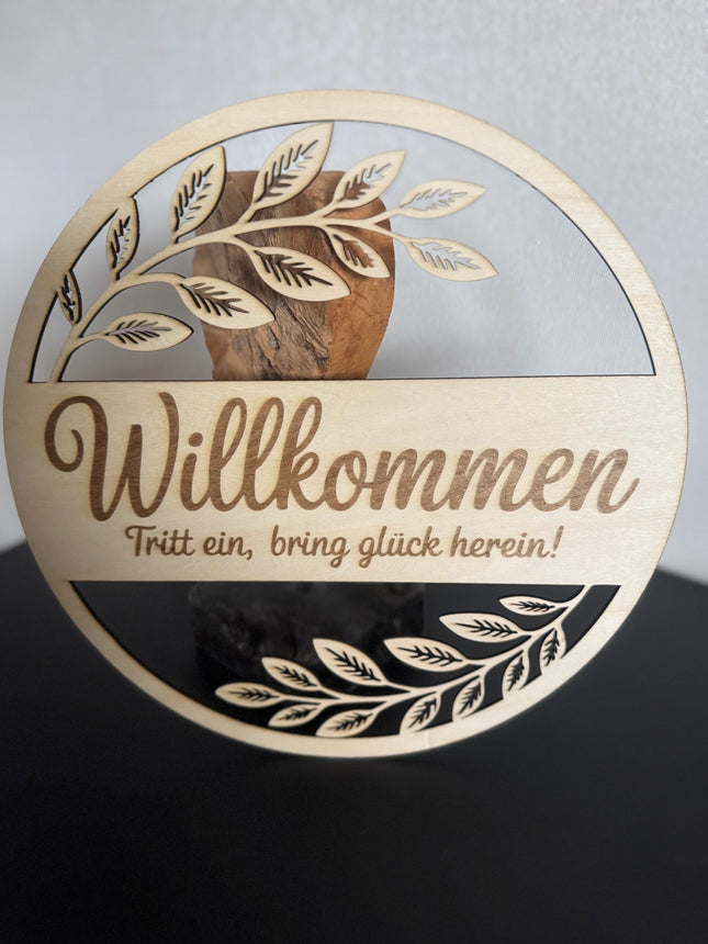 🌿 Holzschild „Willkommen – Tritt ein, bring Glück herein!“